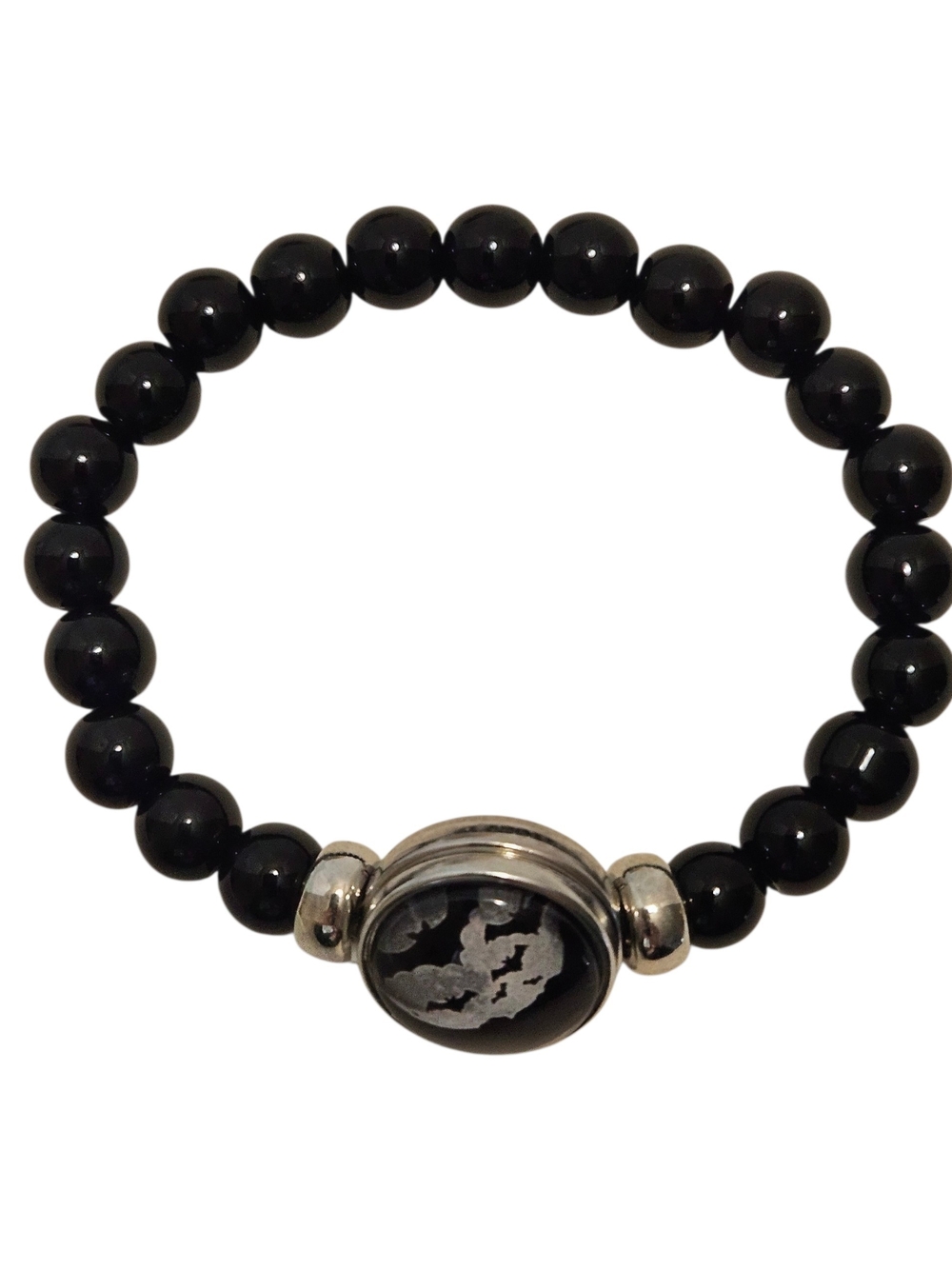 Men's Black Beaded Bracelet with Silver Accent